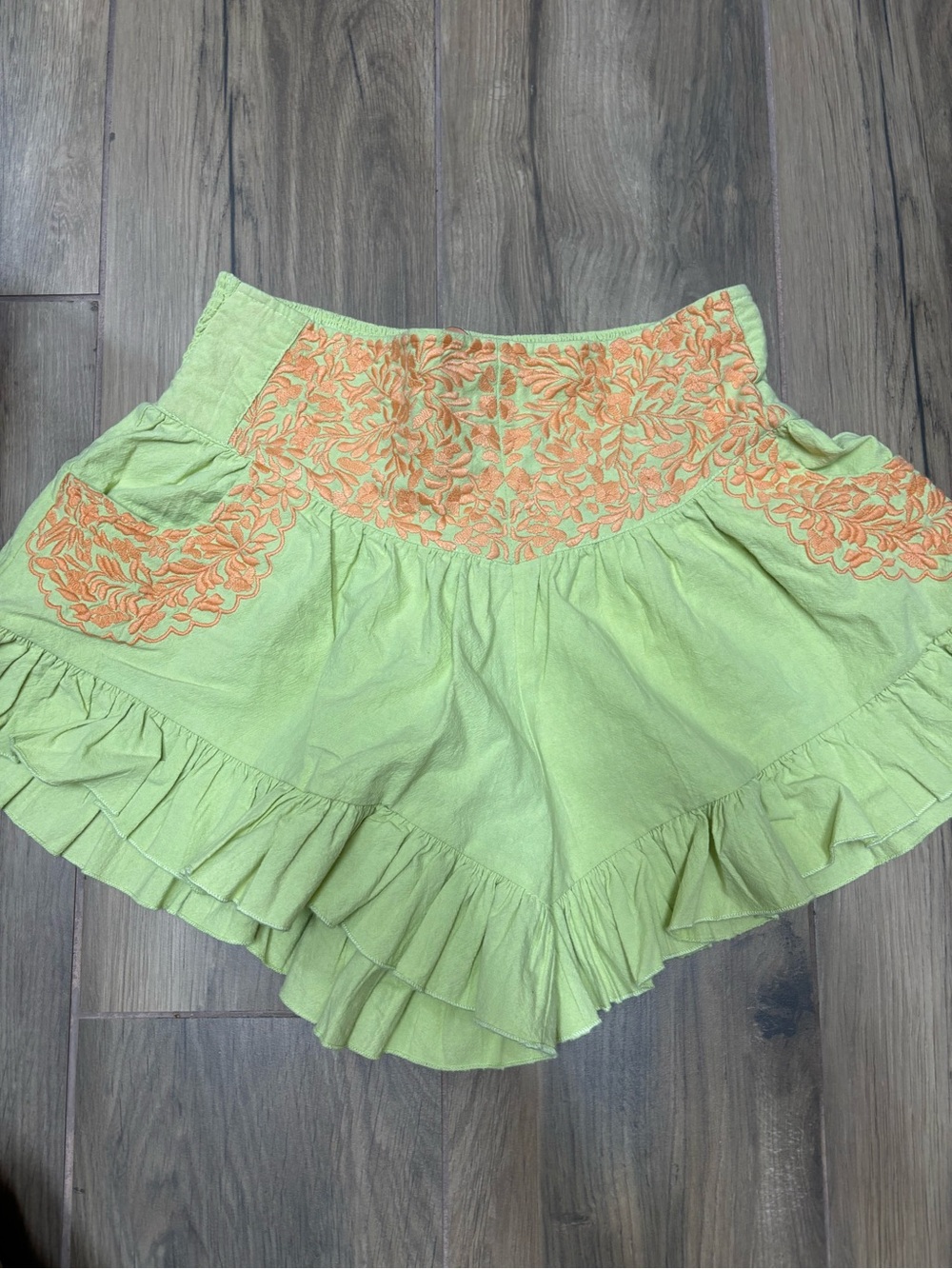 Free People Lime Green Ruffled Embroidered Shorts
